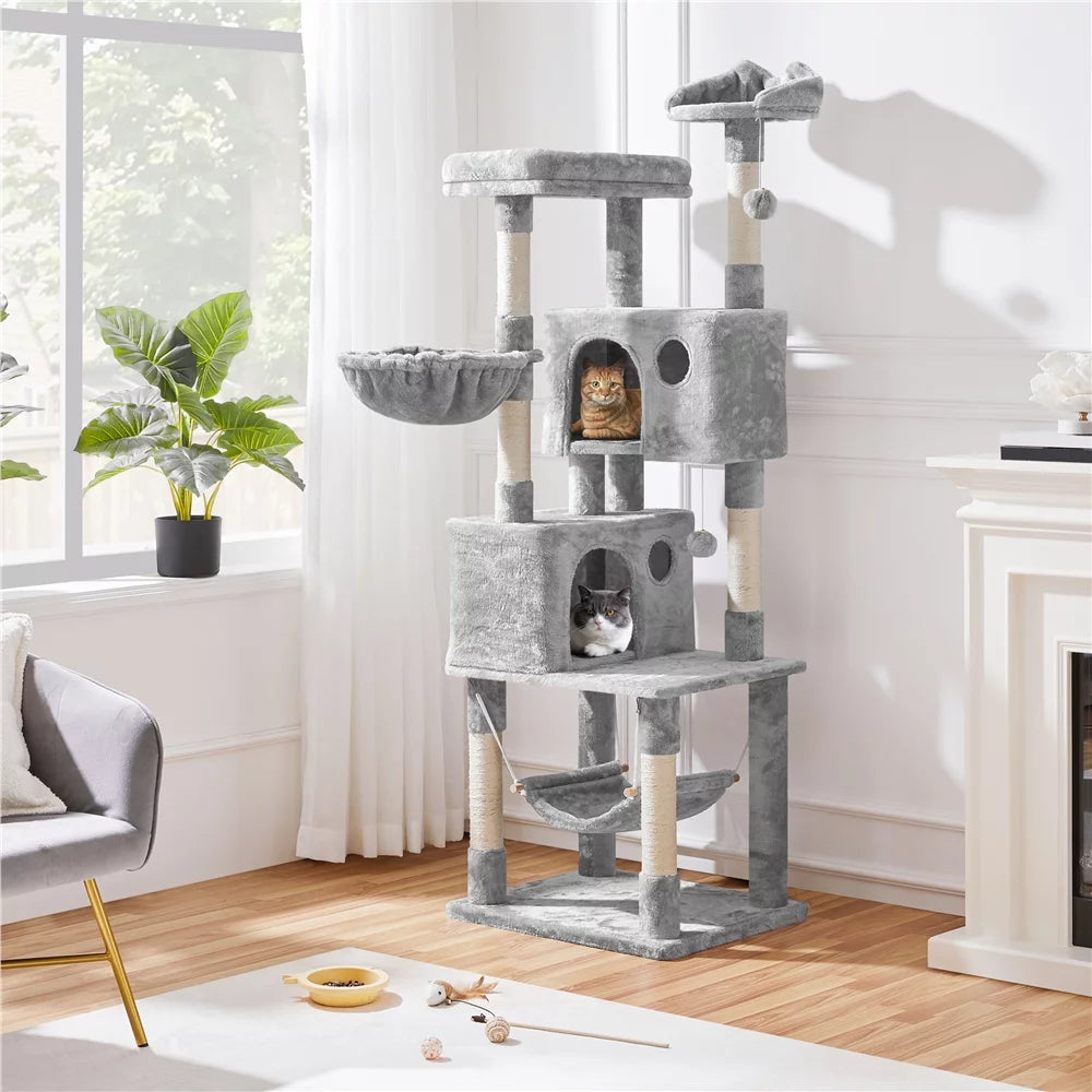 Light Gray Multilevel Cat Tree with 2 Condos H950
