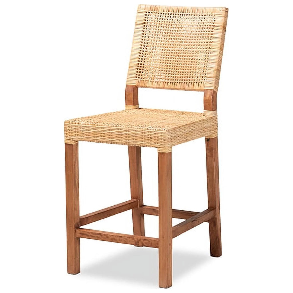 Natural Brown Rattan and Walnut Brown Wood Counter Stool L2909