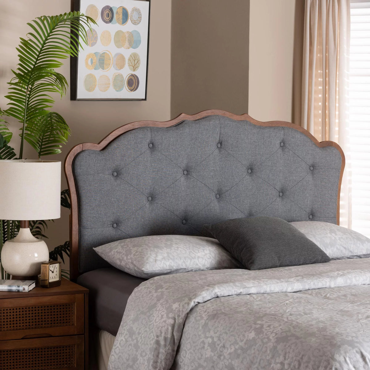 Grey Fabric and Walnut Brown Wood King Size Headboard Z832