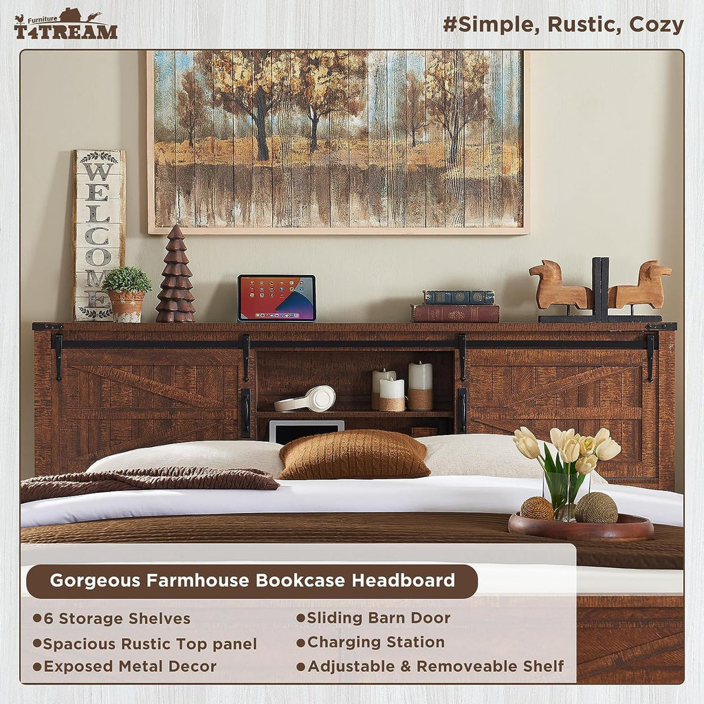 King Platform Bed Frame with Storage Headboard and Charging Station D5446
