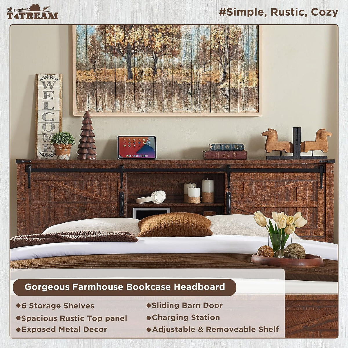 King Platform Bed Frame with Storage Headboard and Charging Station D5446