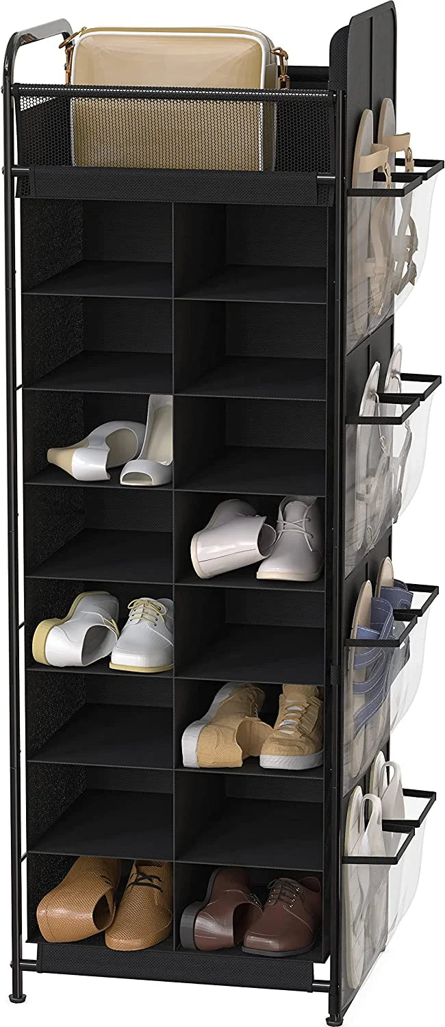 Black 20-Pair Shoe Stand Tower Rack with Side Hanging Bag F194094