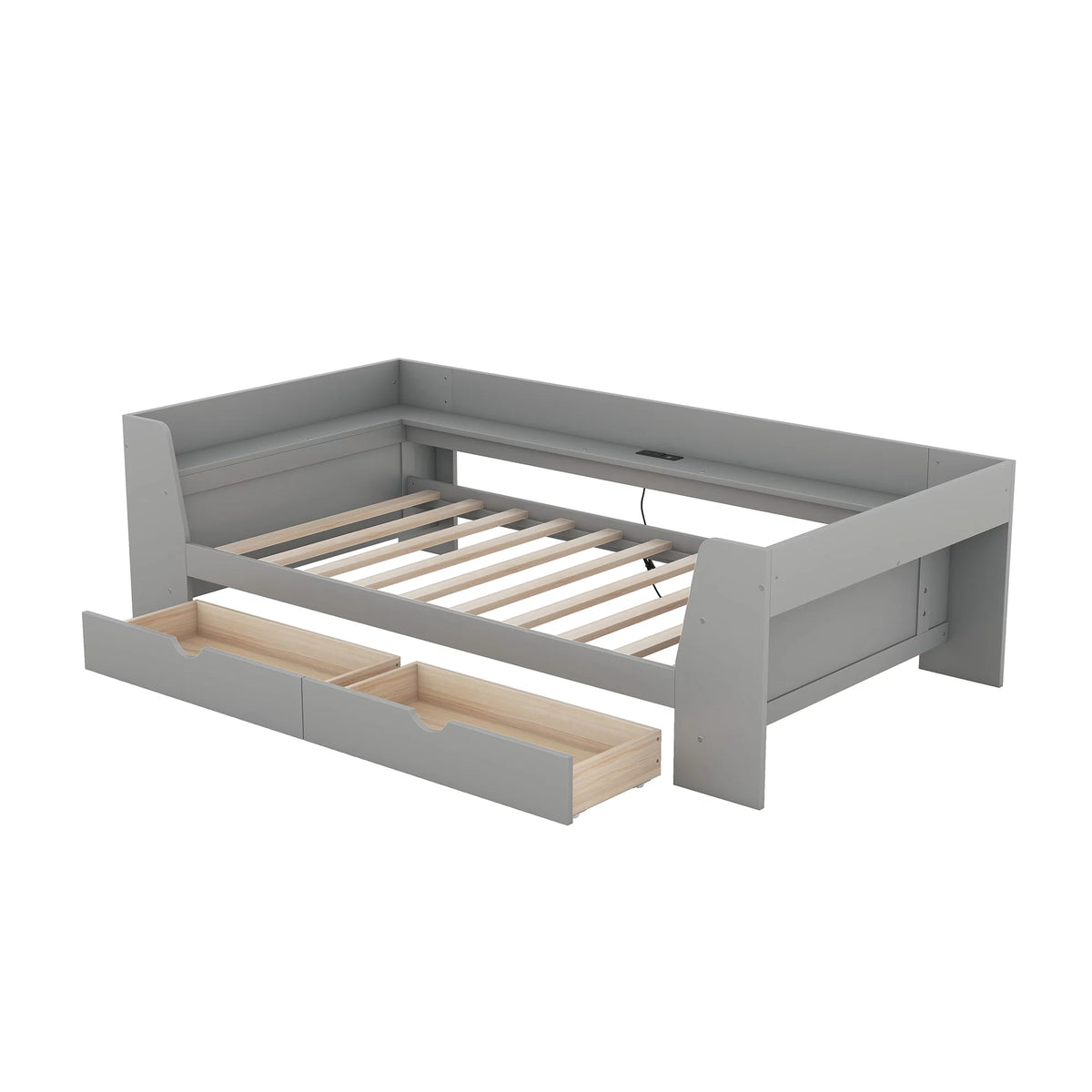Twin Size Daybed with Shelf, Drawers and Charging Station, Gray B6388