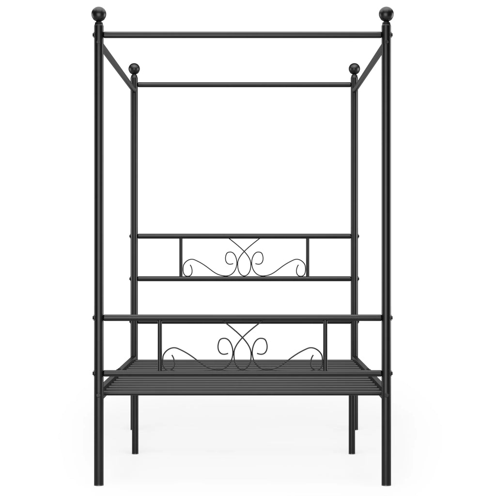 Twin Size 4-Post Canopy Bed Frame Metal Platform with Headboard Footboard Black M66327