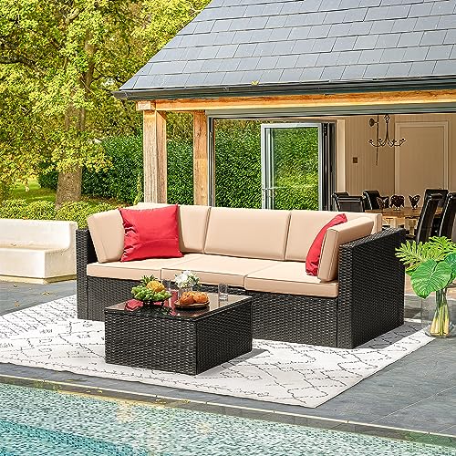 6 Piece Rattan Wicker Patio Sofa Set with Glass Table and Cushion U6066