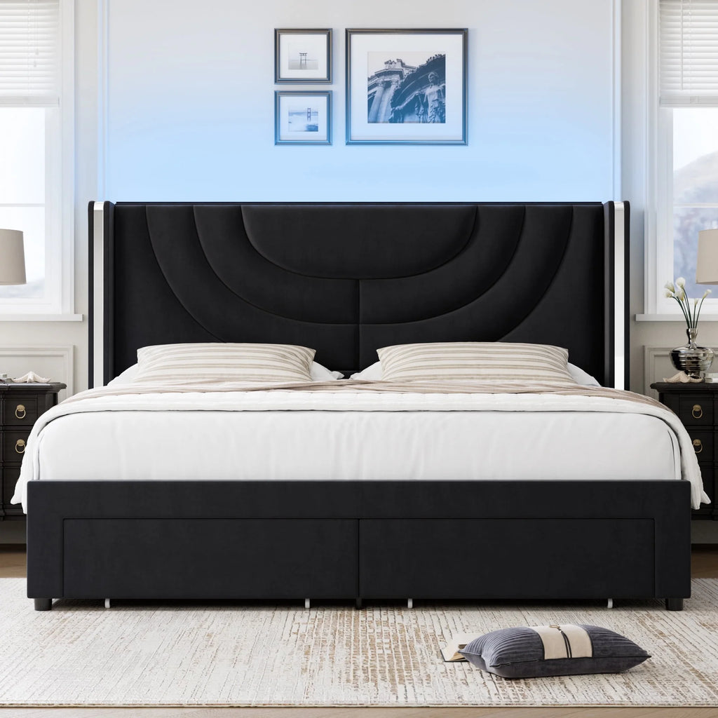 Full Size Velvet Upholstered Platform Bed Frame with 2 Drawers T4180