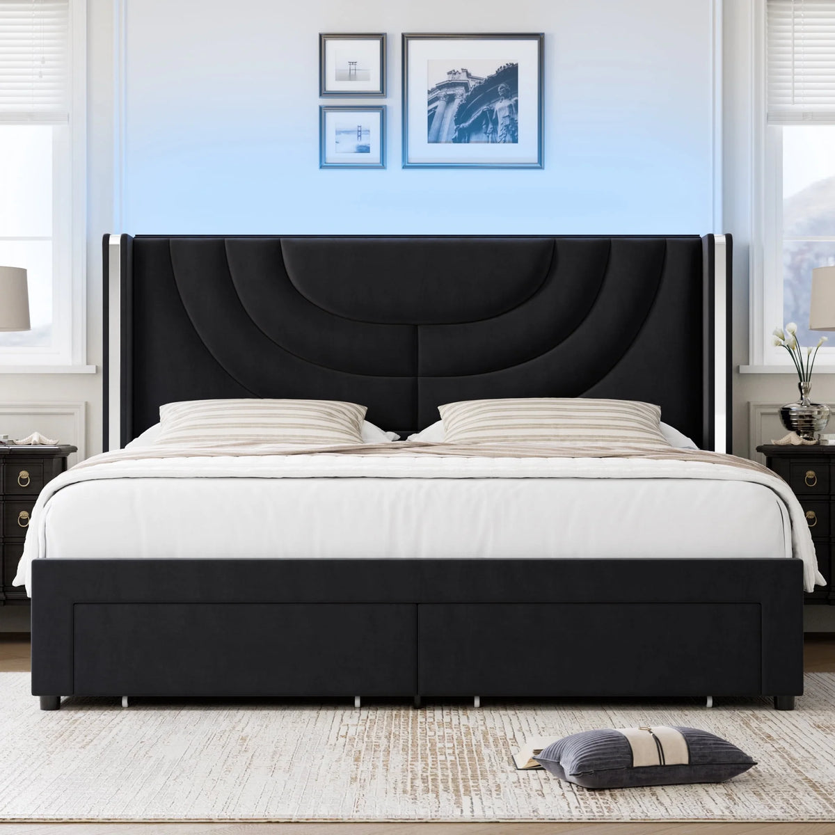 Full Size Velvet Upholstered Platform Bed Frame with 2 Drawers T4180