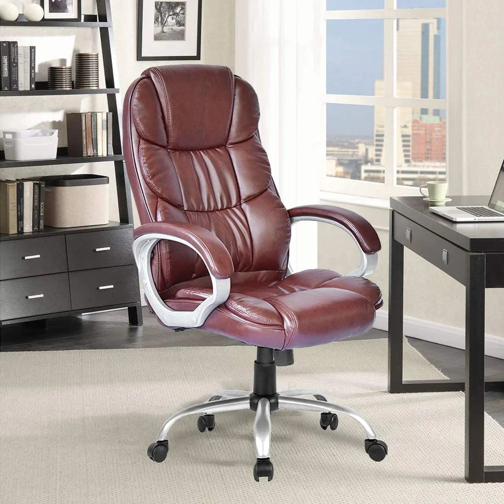 Brown Leather Ergonomic Office Chair with Headrest L11501