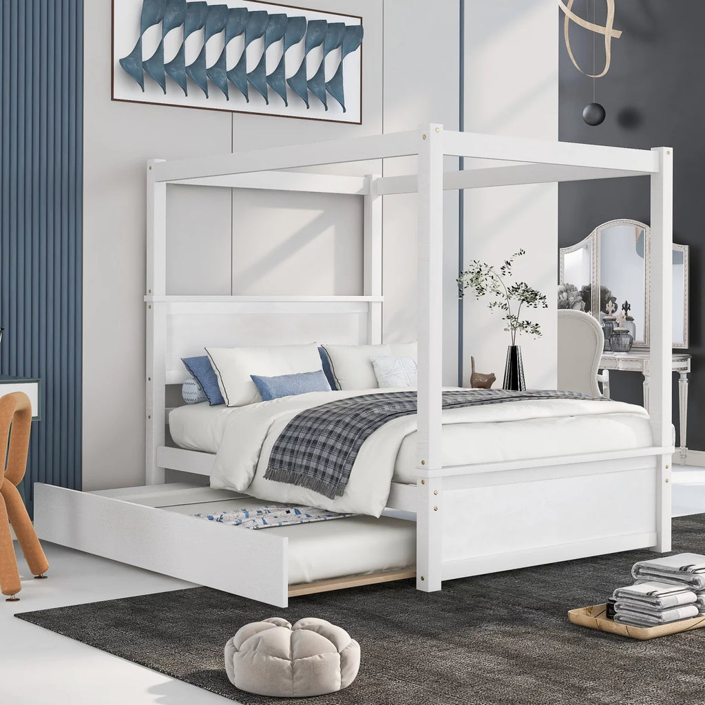Full Size White Wood Canopy Platform Bed with Trundle Y9066