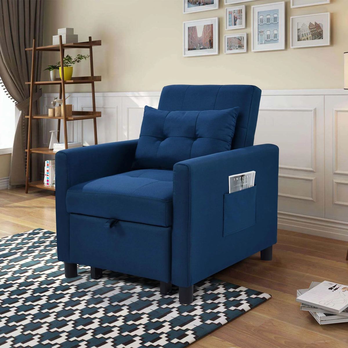 Blue Convertible Single Sofa Bed with Pull Out Sleeper P1246