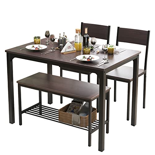 Rustic Oak 4 Piece Dining Table Set with Chairs and Bench Y36574