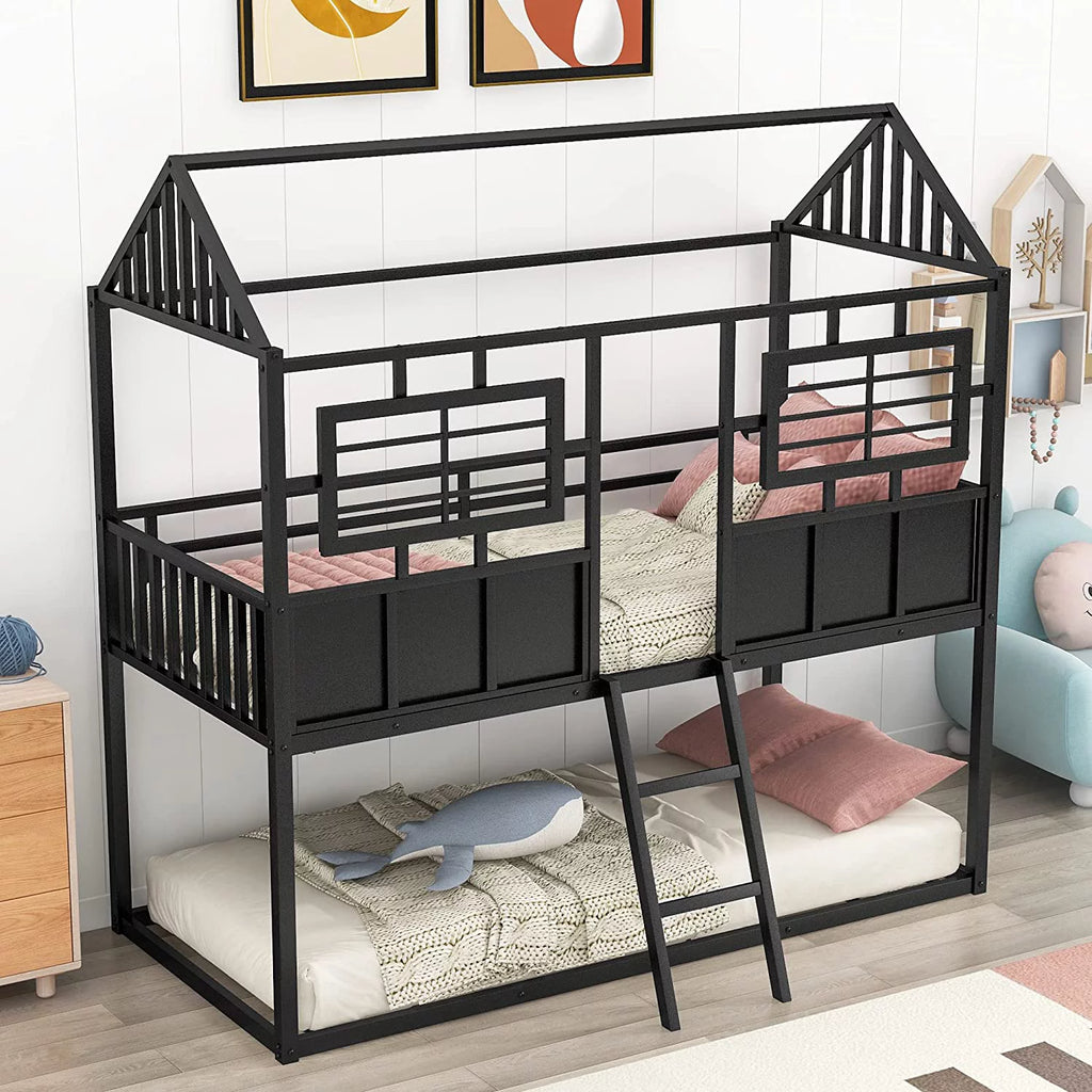 Black Metal Bunk Bed with Slide and Storage Stairs K580