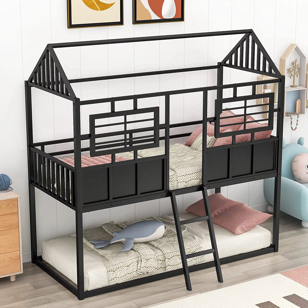 Black Metal Bunk Bed with Slide and Storage Stairs K580