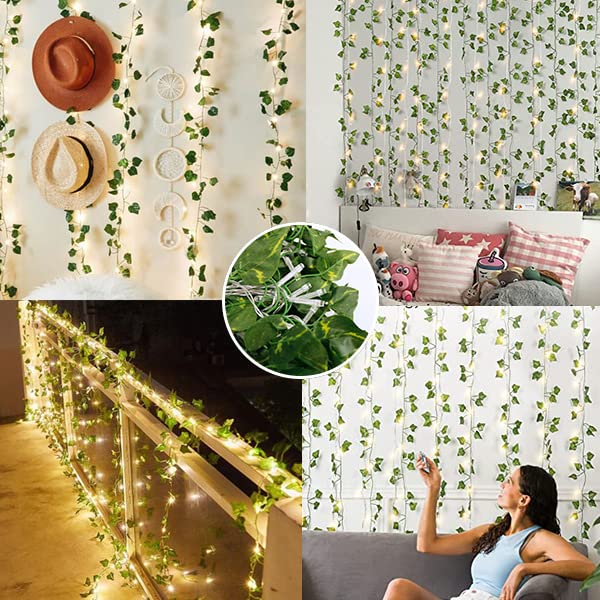 66 LED Ivy Leaf Curtain String Lights Battery Operated Warm White U50082
