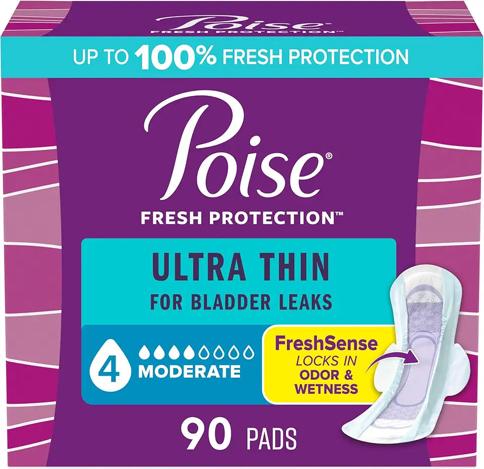 Ultra Thin Incontinence & Postpartum Pads with Wings, 4 Drop Moderate Absorbency, Regular Length, 90 Count Z952