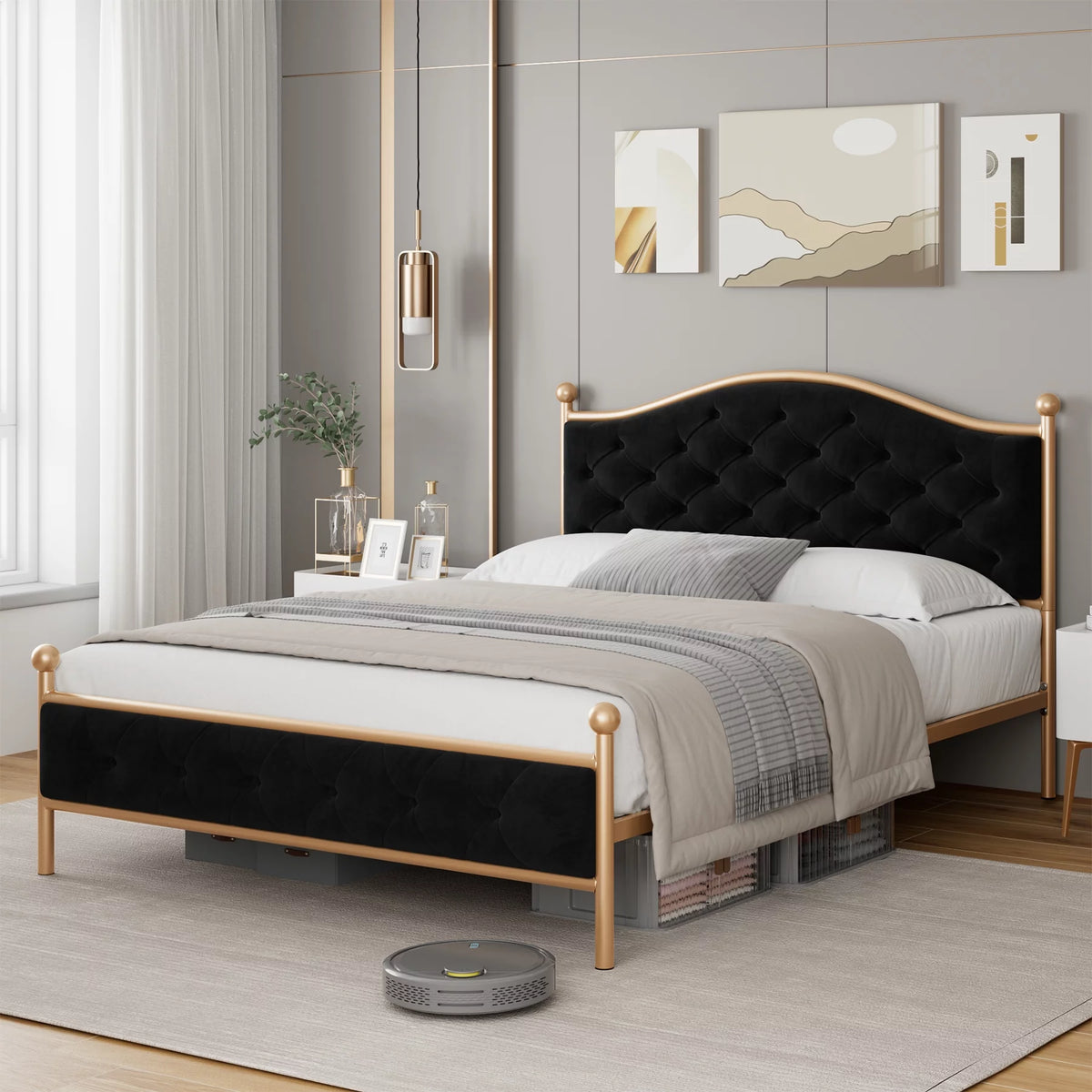 Queen Size Black Upholstered Platform Bed Frame H915