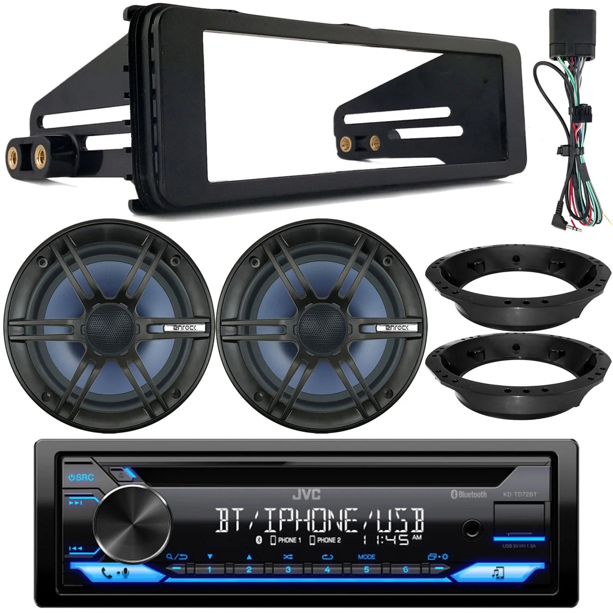 Single DIN Bluetooth CD Receiver with 6.5 Marine Speakers and Install Kit Q583284
