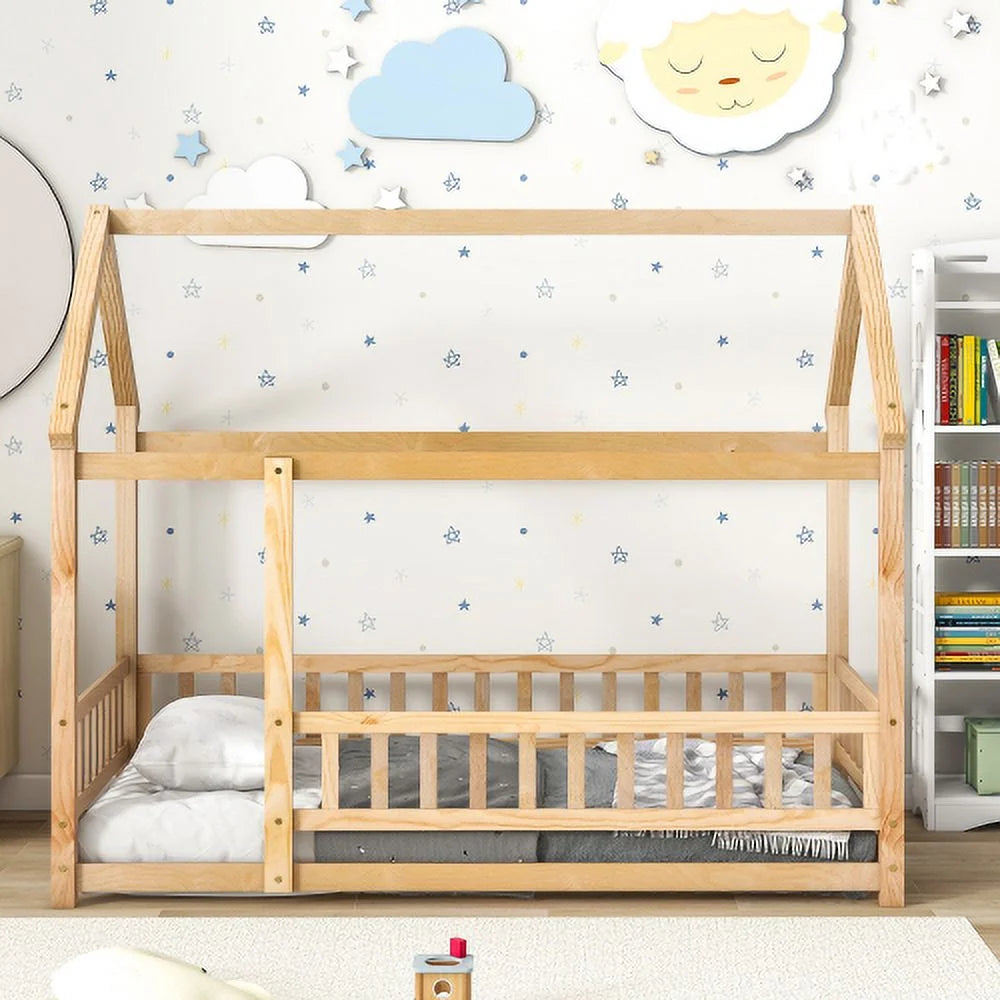 Twin Size Wooden Floor Bed with House Roof Frame O93869