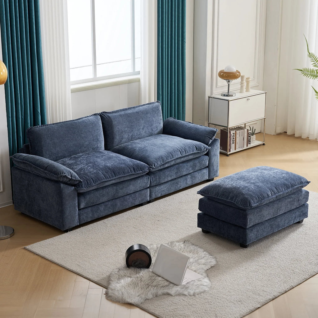 Gray-Blue Chenille L Shaped Sectional Sofa with Ottoman W46496