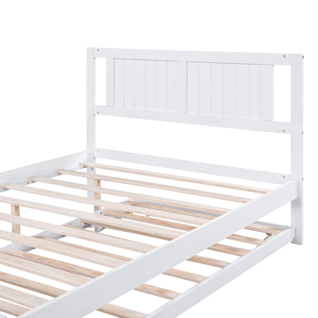 White Full Size Wood Platform Bed with Adjustable Trundle and Headboard Y88455
