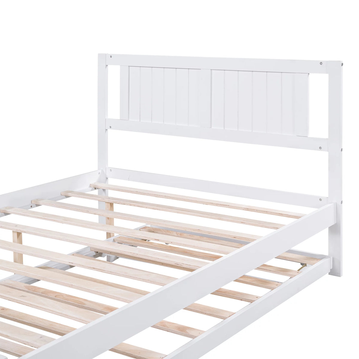 White Full Size Wood Platform Bed with Adjustable Trundle and Headboard Y88455