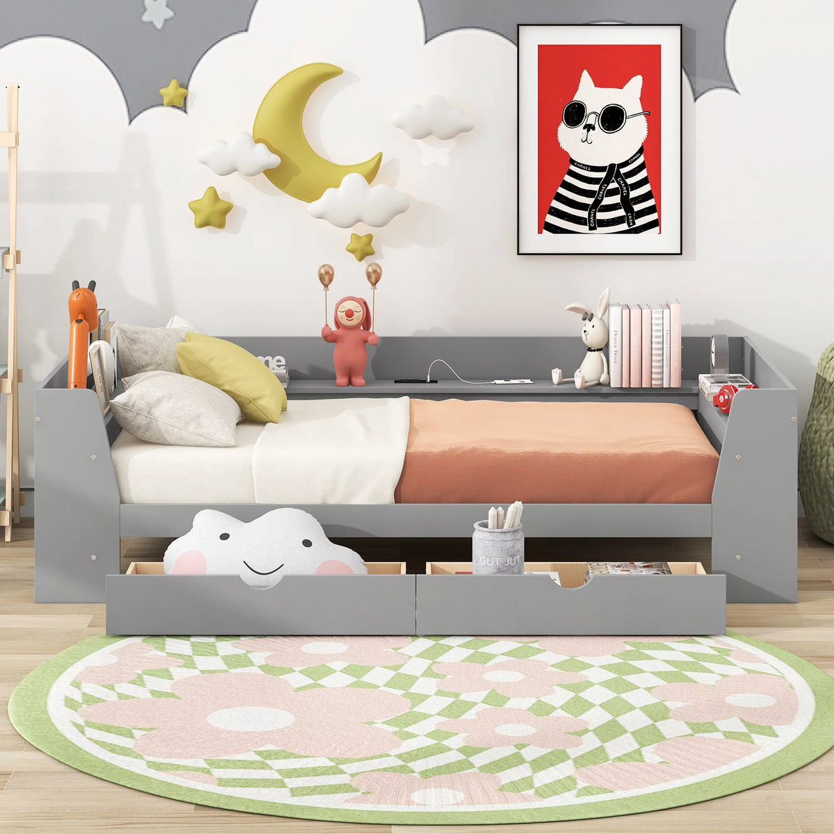 Twin Size Daybed with Shelf, Drawers and Charging Station, Gray B6388