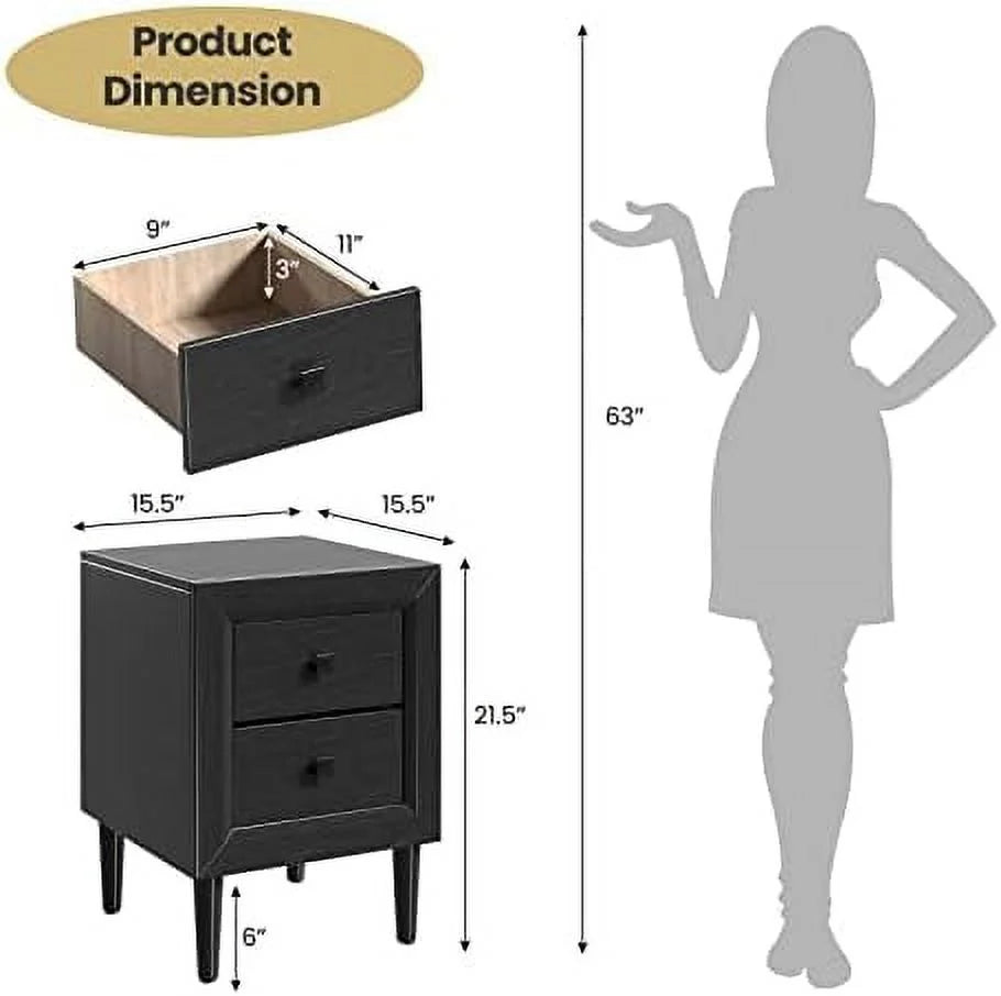 White Nightstand Set of 2 2-Drawer Bedside Tables with Solid Wood Legs K4110